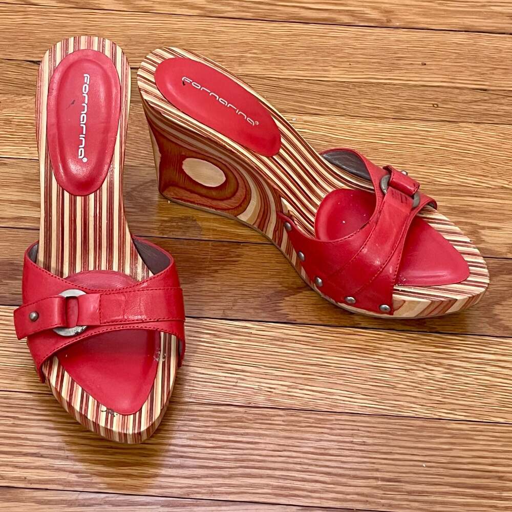Fornarina Red Leather Studded Wedge Heeled Sandals Striped Wood Heel Y2K Size 7